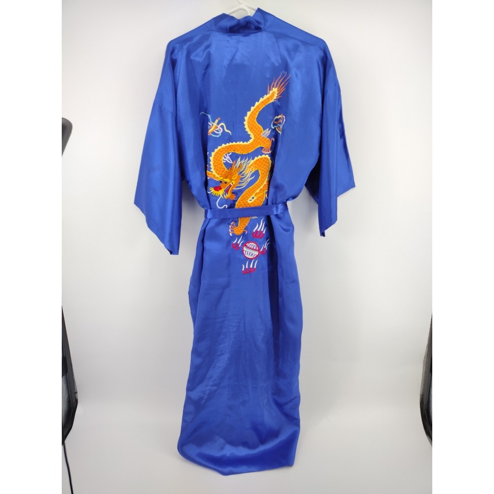 Lian Lin Blue Satin Embroidered Dragon Robe Kimono Long Loungewear One Size